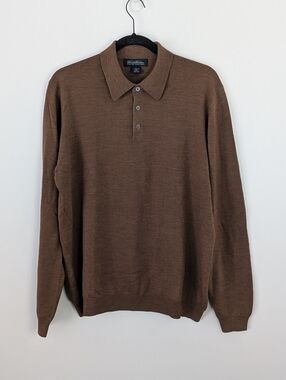 Brooks Brothers 100% Merino Wool Polo Pullover Sweater L Brown Quiet Luxury